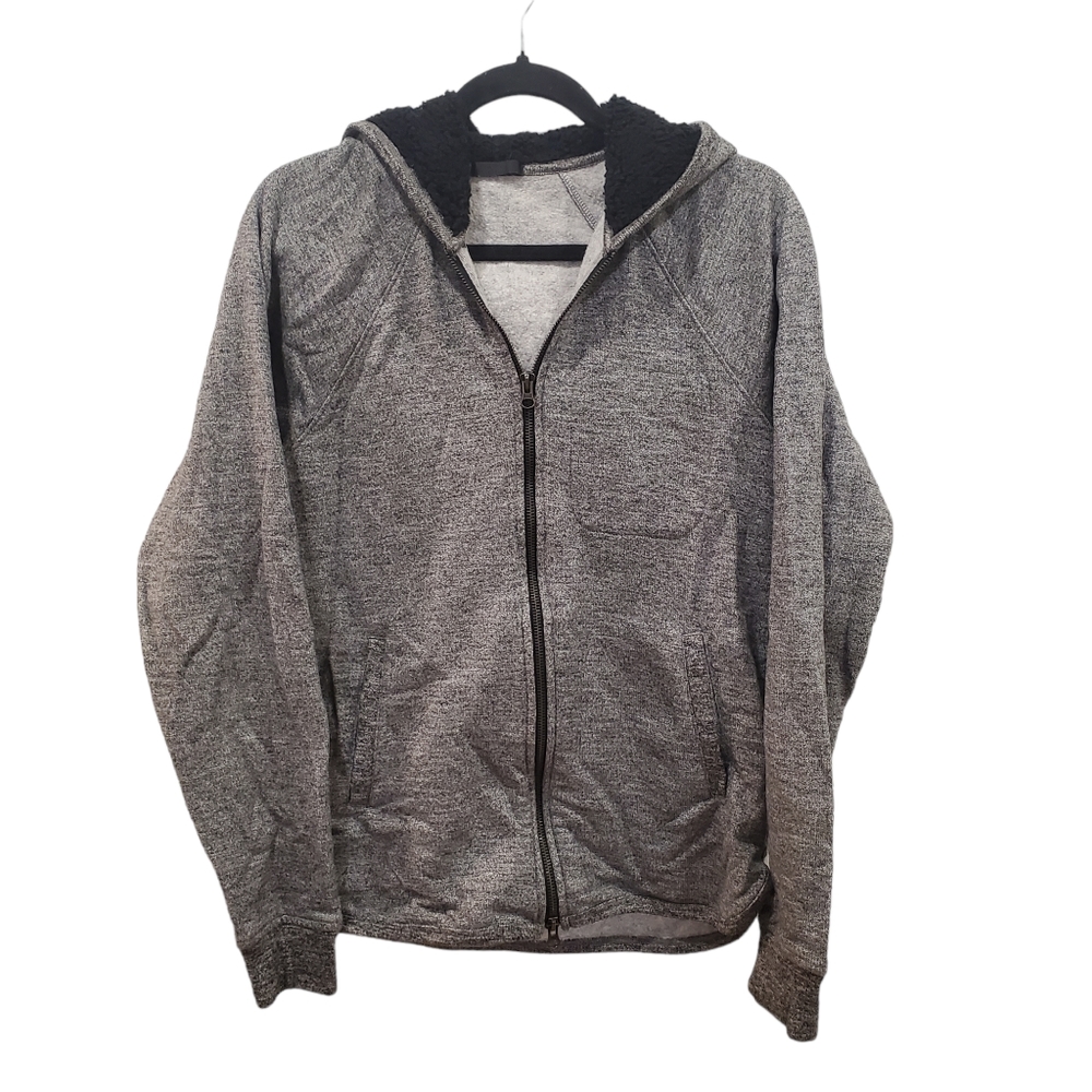 ATM Full Zip Gray and Black Sherpa Fleece Hoodie Sweatshirt Size Medium